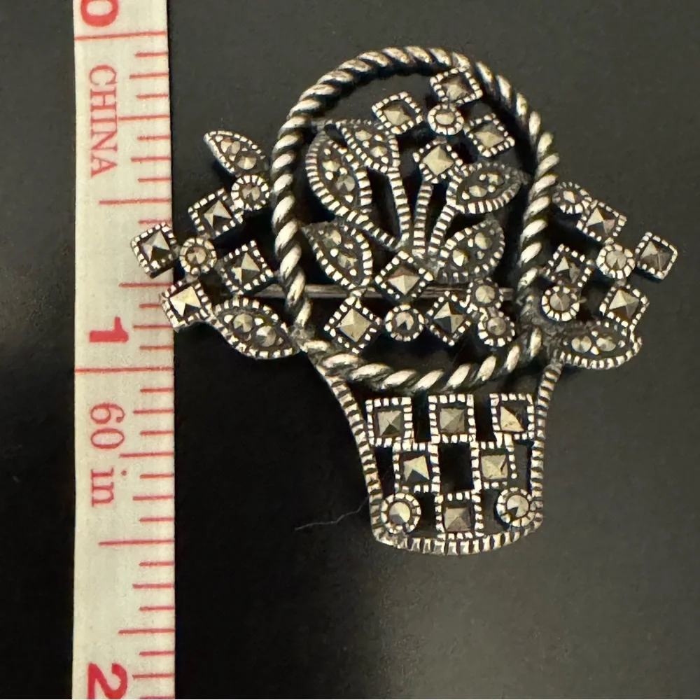 Vintage Sterling Silver Marcasite Basket Brooch